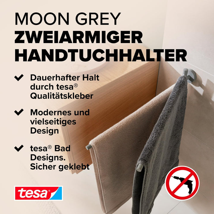 tesa MOON GREY Handtuchhalter 2-armig, matt grau, für Bad &amp; WC - für Bäder im Industrial Style und m