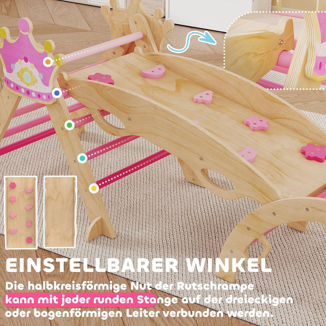 AIYAPLAY 8-in-1 Montessori Klettergerüst Indoor Holz Kletterdreieck mit Kletterbogen, Rutsche, Krone