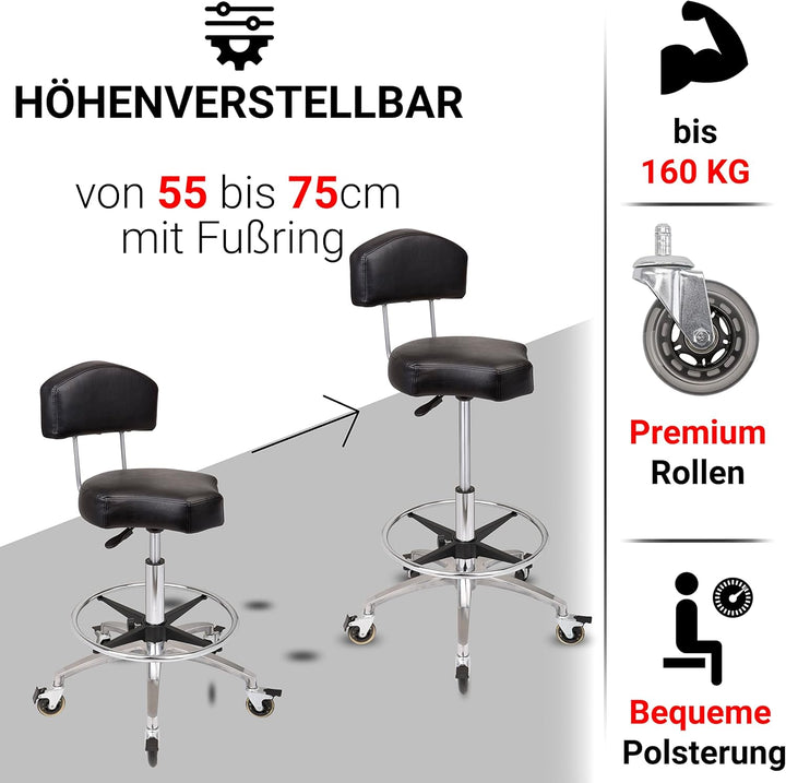 Staboos Rollhocker bis 160 kg - Ergonomisch geformter Sitz mit Bremse und Lehne - Drehhocker (Premiu