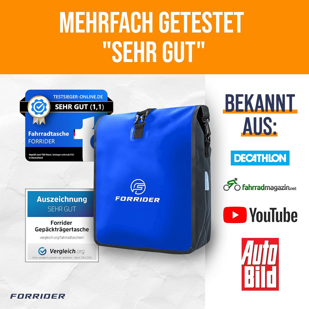 Forrider Fahrradtasche Wasserdicht für Gepäckträger [22L Volumen] mit Schultergurt | Gepäckträgertas