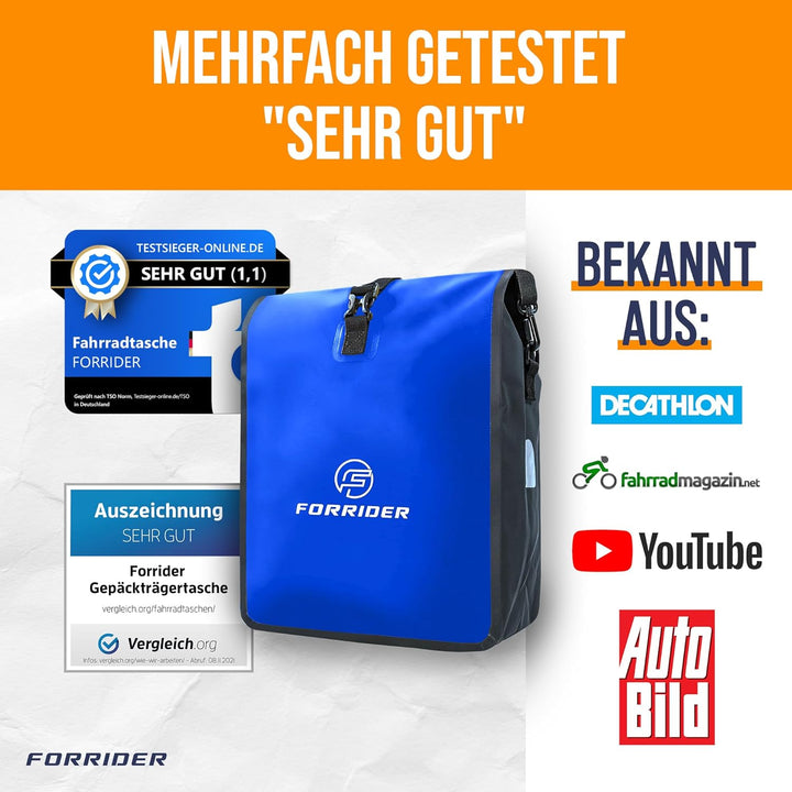 Forrider Fahrradtasche Wasserdicht für Gepäckträger [22L Volumen] mit Schultergurt | Gepäckträgertas