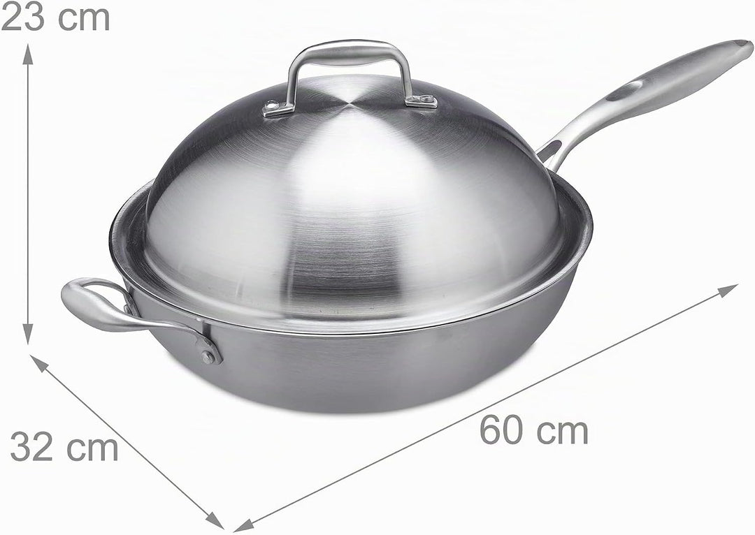 Relaxdays Wok, 32 cm, Edelstahl unbeschichtet, Gas-, Elektro-, Induktionsherd, Wokpfanne mit Deckel