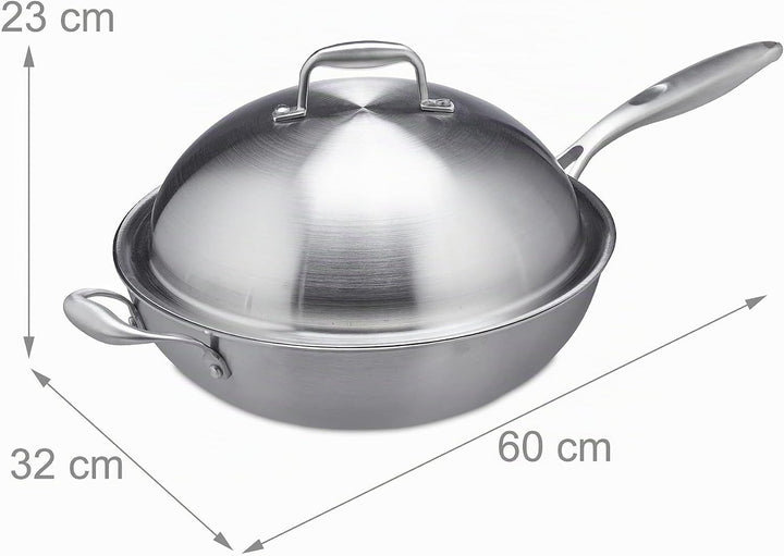 Relaxdays Wok, 32 cm, Edelstahl unbeschichtet, Gas-, Elektro-, Induktionsherd, Wokpfanne mit Deckel