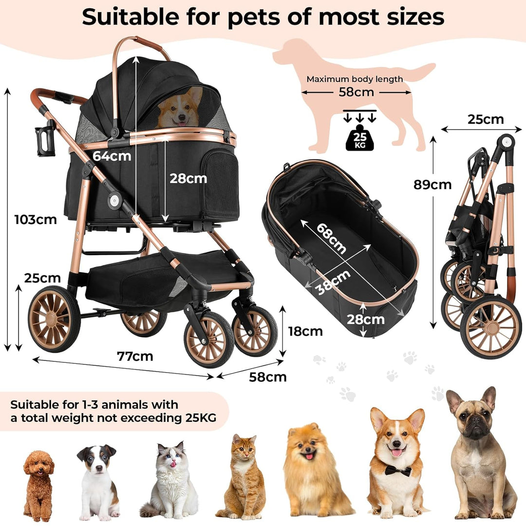 MAMIZO 4 in 1 Hundewagen, Hundebuggy bis 25kg, 360° Gummiräder mit Stossdämpfung, Faltbar Hund Kinde