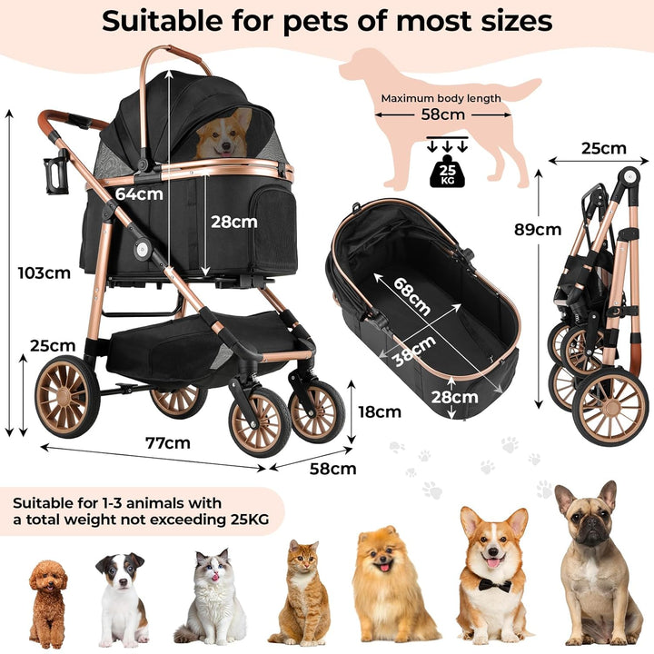 MAMIZO 4 in 1 Hundewagen, Hundebuggy bis 25kg, 360° Gummiräder mit Stossdämpfung, Faltbar Hund Kinde
