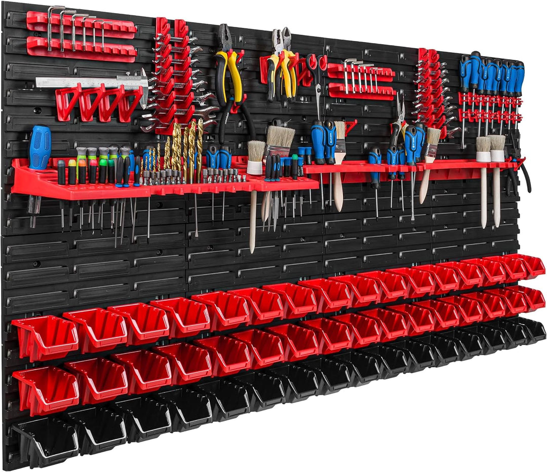 Lagersystem Werkstattregal | 156 x 78 cm | 48 stck. Box | Wandregal mit Werkzeughalterungen und Stap