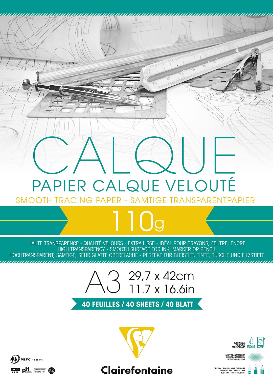 Clairefontaine 975107C Block Transparentpapier (DIN A3, 29,7 x 42 cm, 40 Blatt, 110 g, ideal für tec