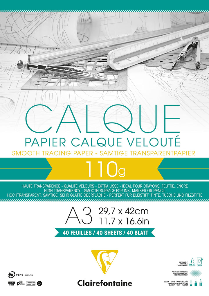 Clairefontaine 975107C Block Transparentpapier (DIN A3, 29,7 x 42 cm, 40 Blatt, 110 g, ideal für tec