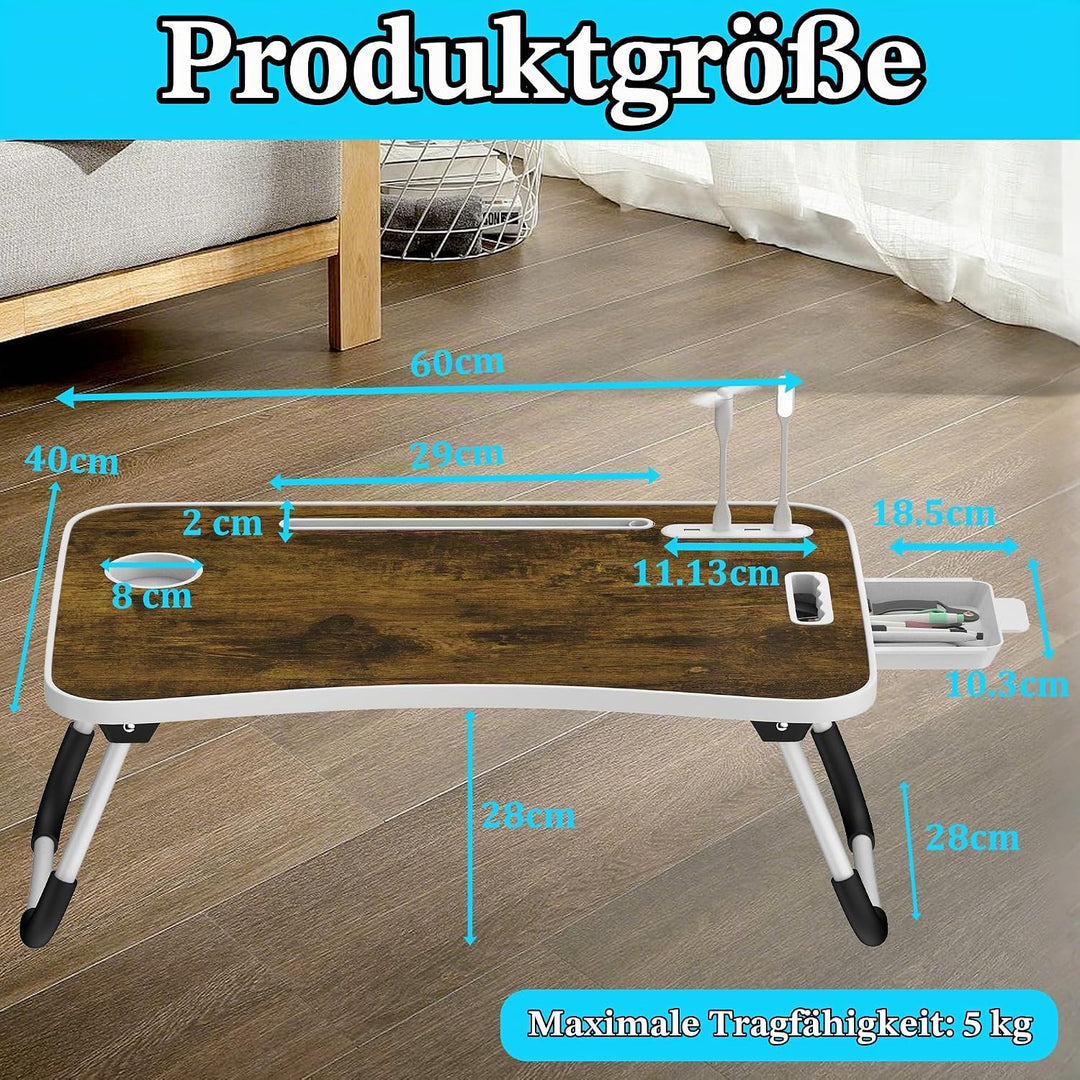 Soontrans Laptoptisch 60x40x28 cm, Laptop Tisch mit Schublade, Getränkehalter, Tablethalter, Griff,