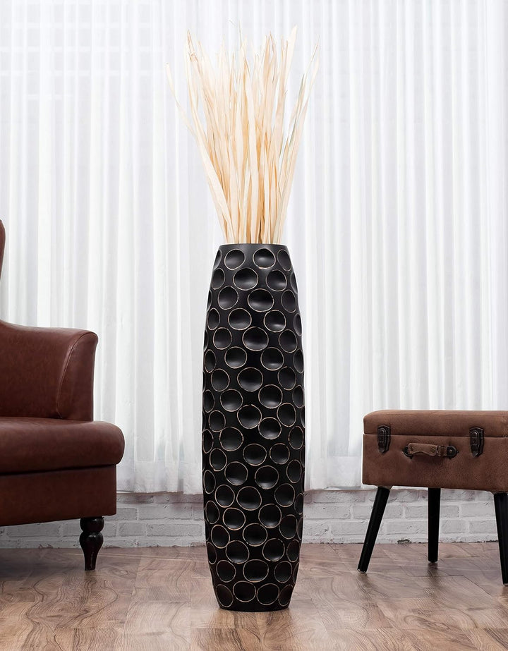 Leewadee Grosse Bodenvase für Dekozweige hohe Standvase Design Holzvase, Holz, 90 cm, Schwarz 90 cm