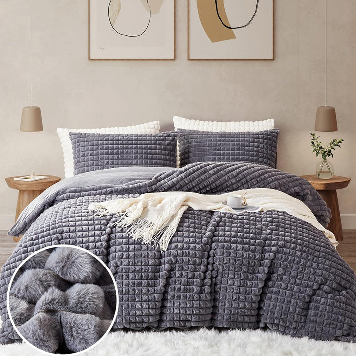 Tospass Plüsch Bettwäsche 200x200 cm 3 Teilig Winter Kaninchenfell Samt Bettwäsche Fleece Biber Grau
