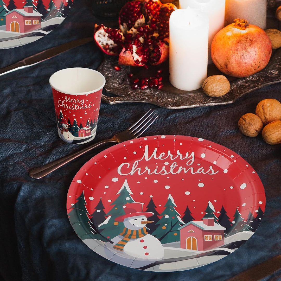 96 Stück Pappteller Weihnachten, Partygeschirr Set Weihnachtsparty Pappteller Servietten Pappbecher