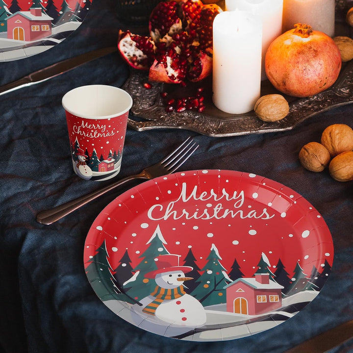 96 Stück Pappteller Weihnachten, Partygeschirr Set Weihnachtsparty Pappteller Servietten Pappbecher