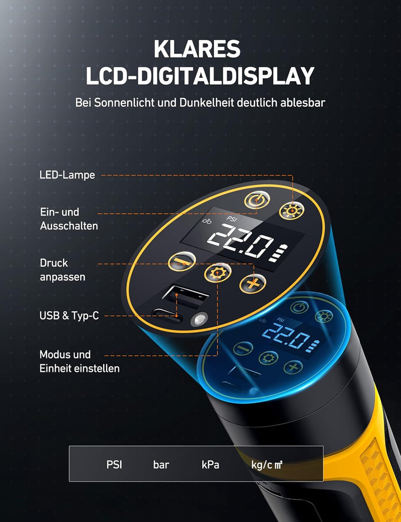 AstroAI Elektrische Luftpumpe 150PSI (10,3 Bar) Tragbar Fahrradpumpe mit Akku LED-Licht Luftkompress