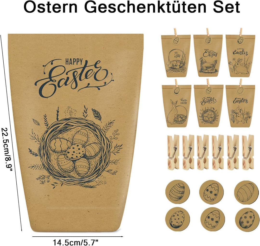12 Stück Geschenktüten Ostern, Schwarz bedruckte Papiertüten mit Osterhasen, Papiertüten Ostern Oste