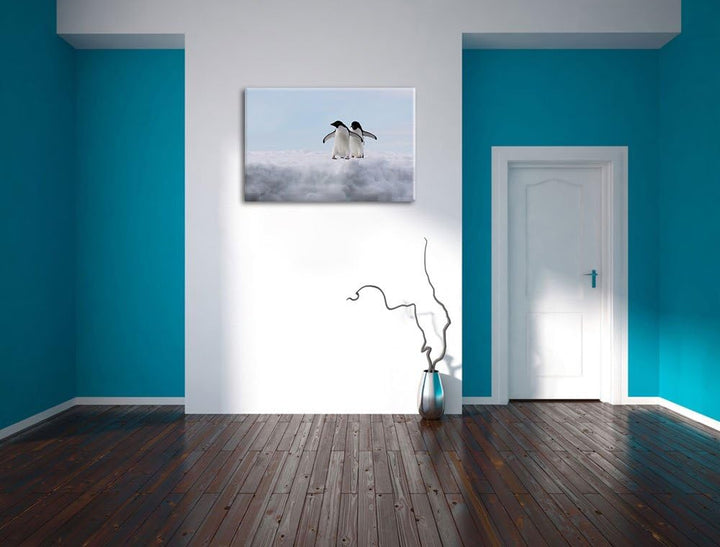 zwei kleine Adeliepinguine auf Eisscholle Leinwand, XXL riesige Bilder fertig gerahmt mit Keilrahmen