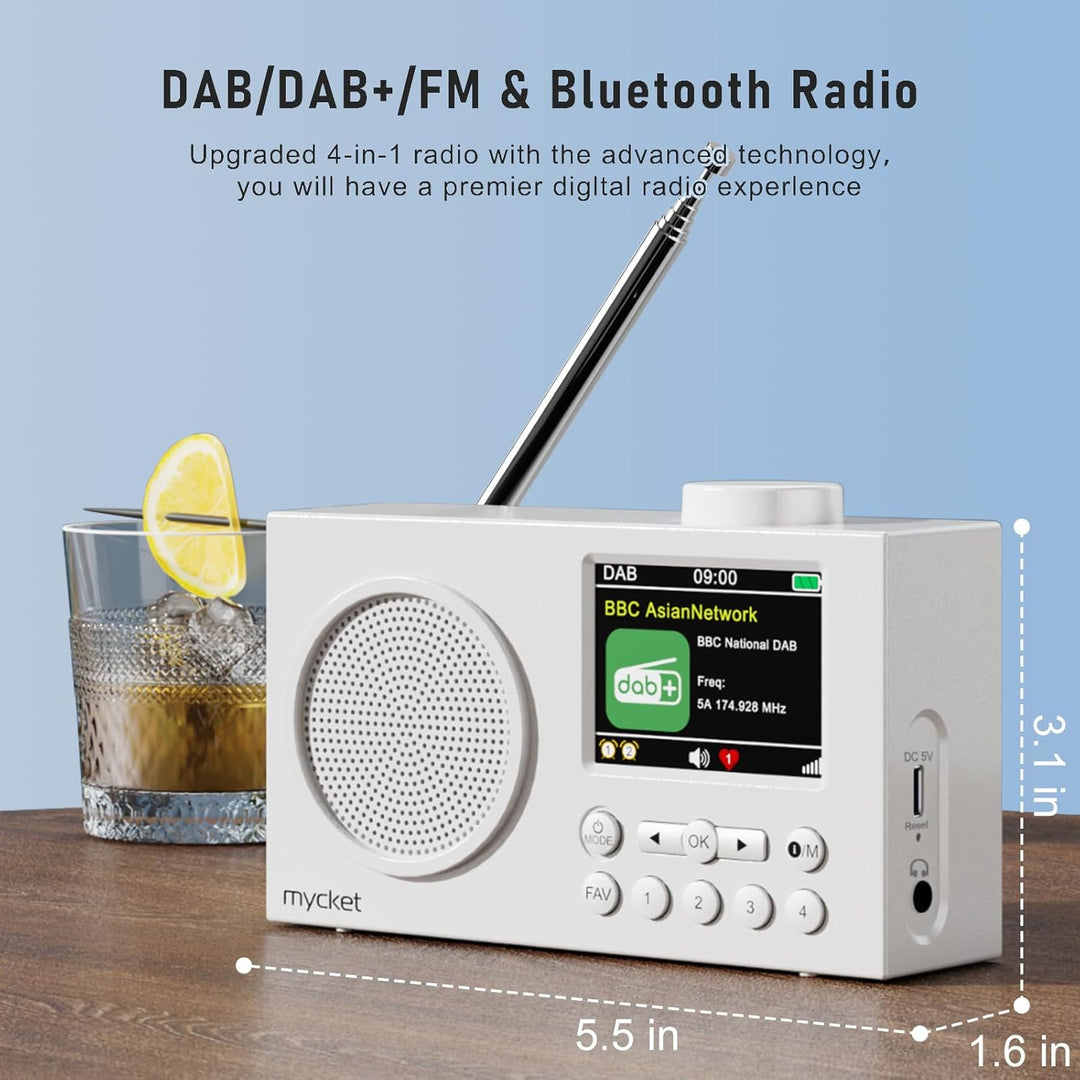 Mycket Portable DAB/DAB+ Radio, FM Digital Radios with Bluetooth, Small Rechargeable Radio, 2.4 Inch