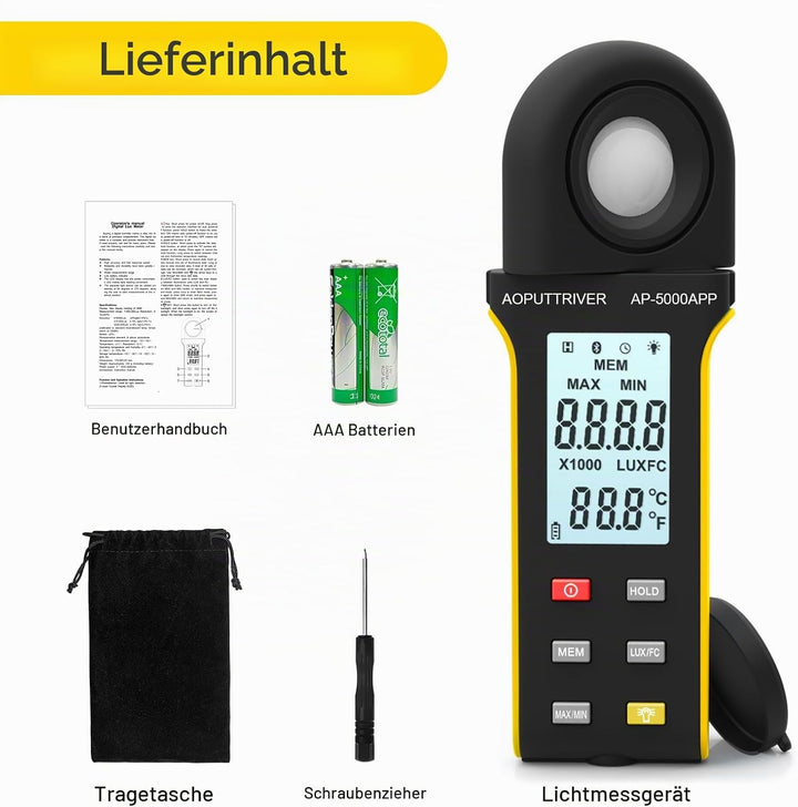 AP-5000APP Digital Luxmeter, Lichtmessgerät Messen 0,1~400.000 Lux Fusskerzen mit 270º Drehbarem Sen