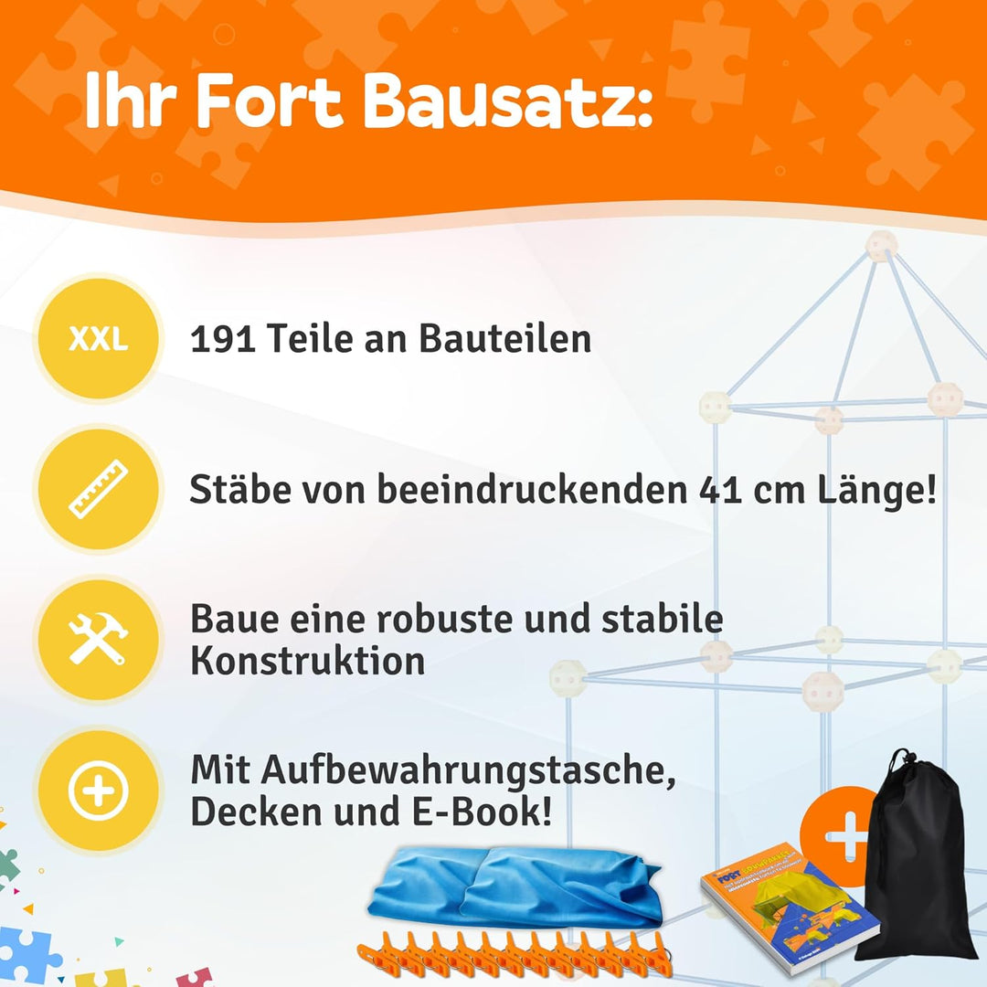 Fort Bausatz XL + Erweiterungspaket, 191 Teile, Höhle Bauen Kinder, Stecksystem Spielzelt Indoor & O