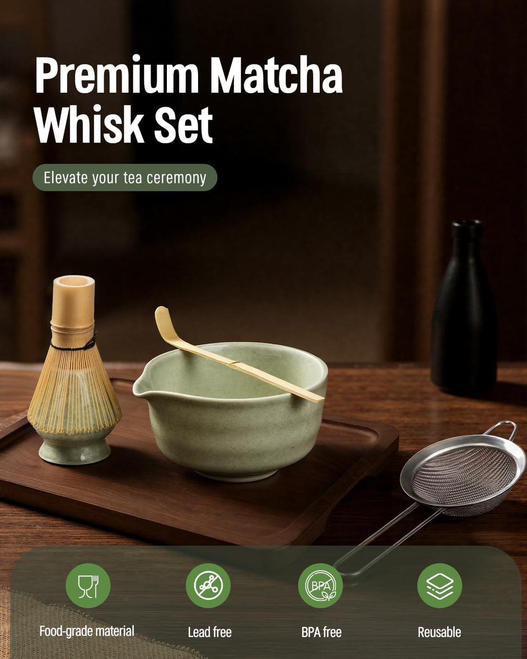 Matcha Besen Set, ThymeSpace Matcha Set für die Teezeremonie, 5 Stück traditionelles japanisches Mat