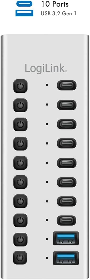 LogiLink UA0448 - USB 3.2 Gen1 Hub mit 10-Ports und Kabel/Adapter, USB Typ A und USB Typ C, EIN-/Aus