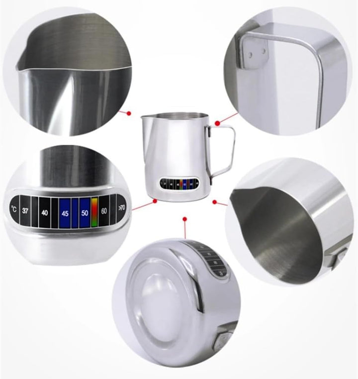 Exqufood Milchaufschäumer Temperaturanzeige Milchaufschäumer und Tasse für Latte Art 350ml