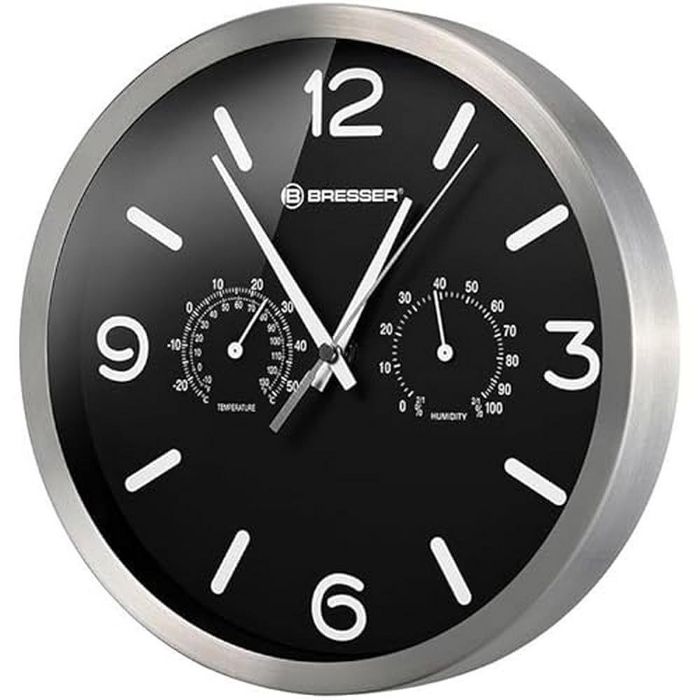 Bresser Funkuhr Wanduhr MyTime ND Thermo-Hygro mit geräuschlosem Funkuhrwerk, Edelstahlrahmen und An