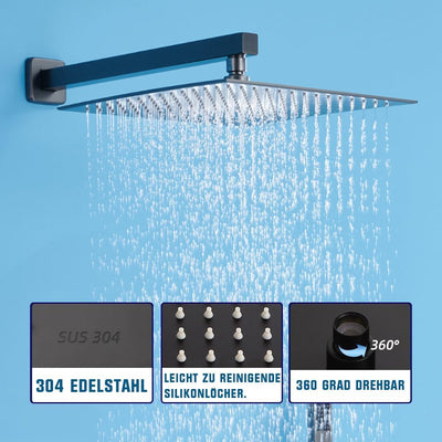 Duschsystem Schwarz Unterputz Duscharmatur Set inkl.30X30cm Kopfbrause, Duschsystem mit Temperatur L