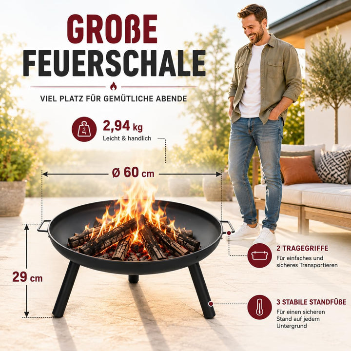 Feuerschale Feuerstelle Ø 60 cm für Lagerfeuer im Garten oder auf der Terrasse mit 2 Tragegriffen au