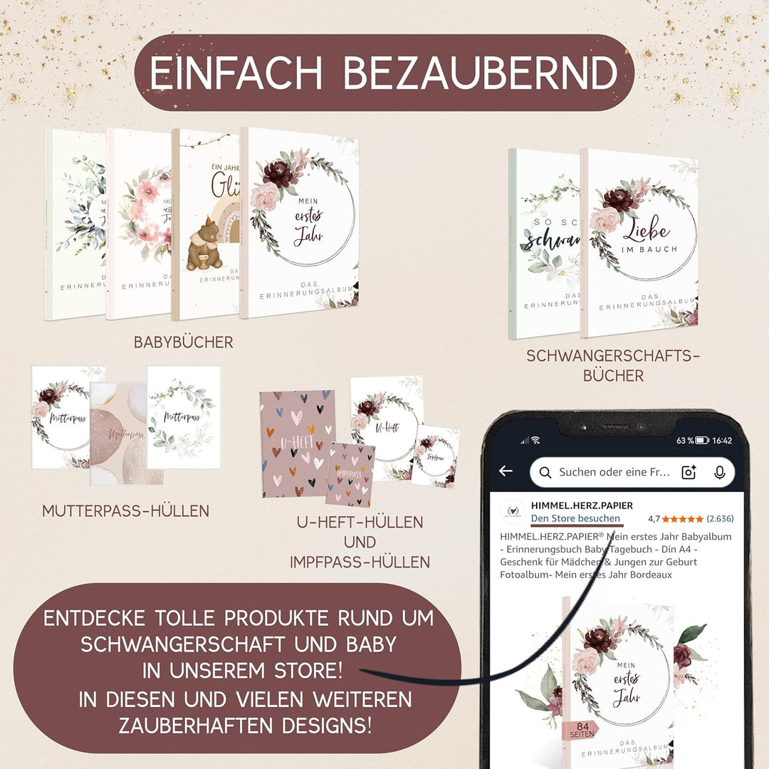 HIMMEL.HERZ.PAPIER® Mein erstes Jahr Babyalbum - Erinnerungsbuch Baby Tagebuch - Din A4 - Geschenk f