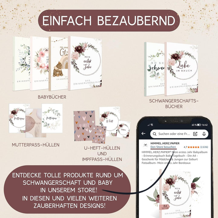 HIMMEL.HERZ.PAPIER® Mein erstes Jahr Babyalbum - Erinnerungsbuch Baby Tagebuch - Din A4 - Geschenk f