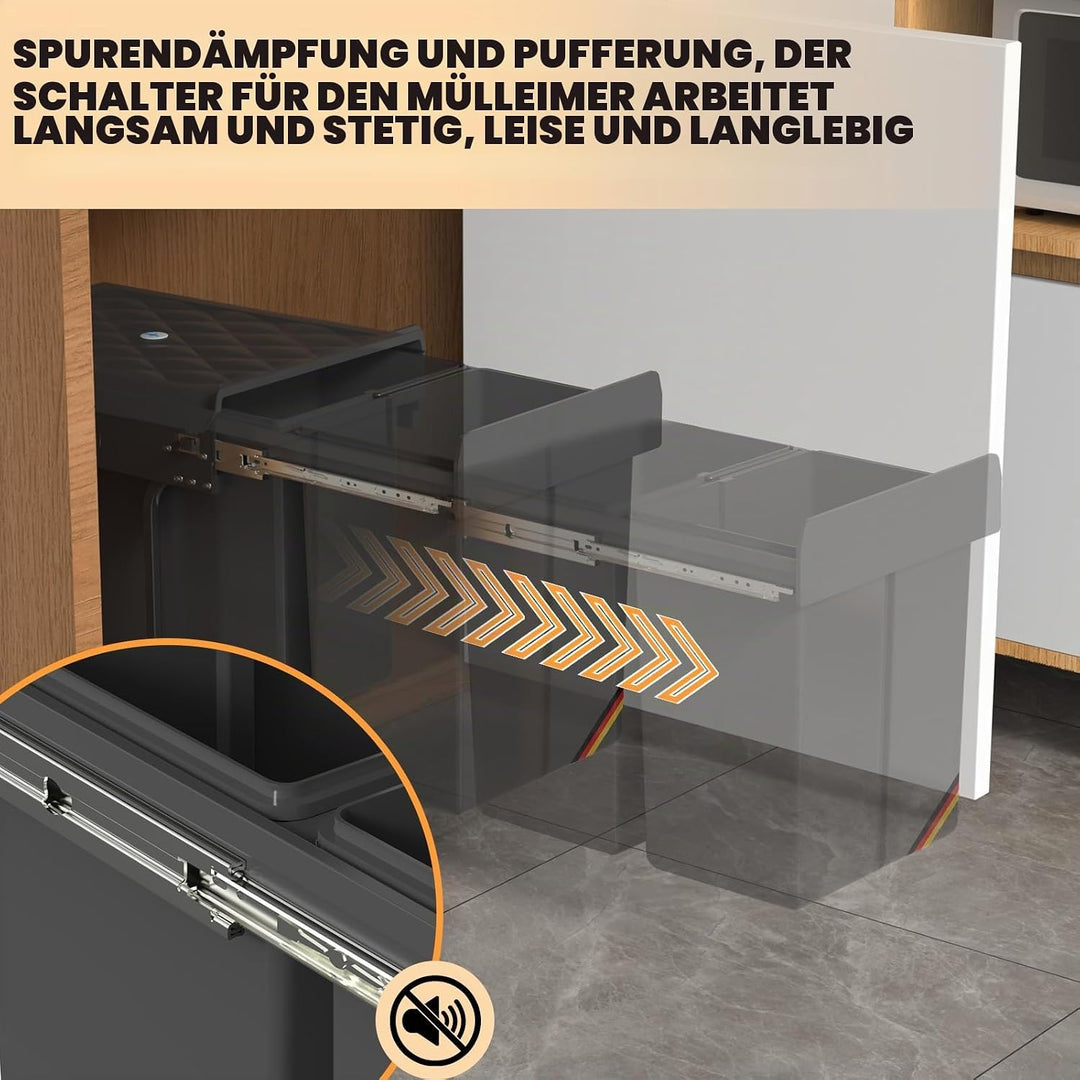 Huracan Mülleimer Küche Unterschrank Ausziehbar 40L, Mülleimer 2 Fächer, Mülltrennsystem Küche, Einb