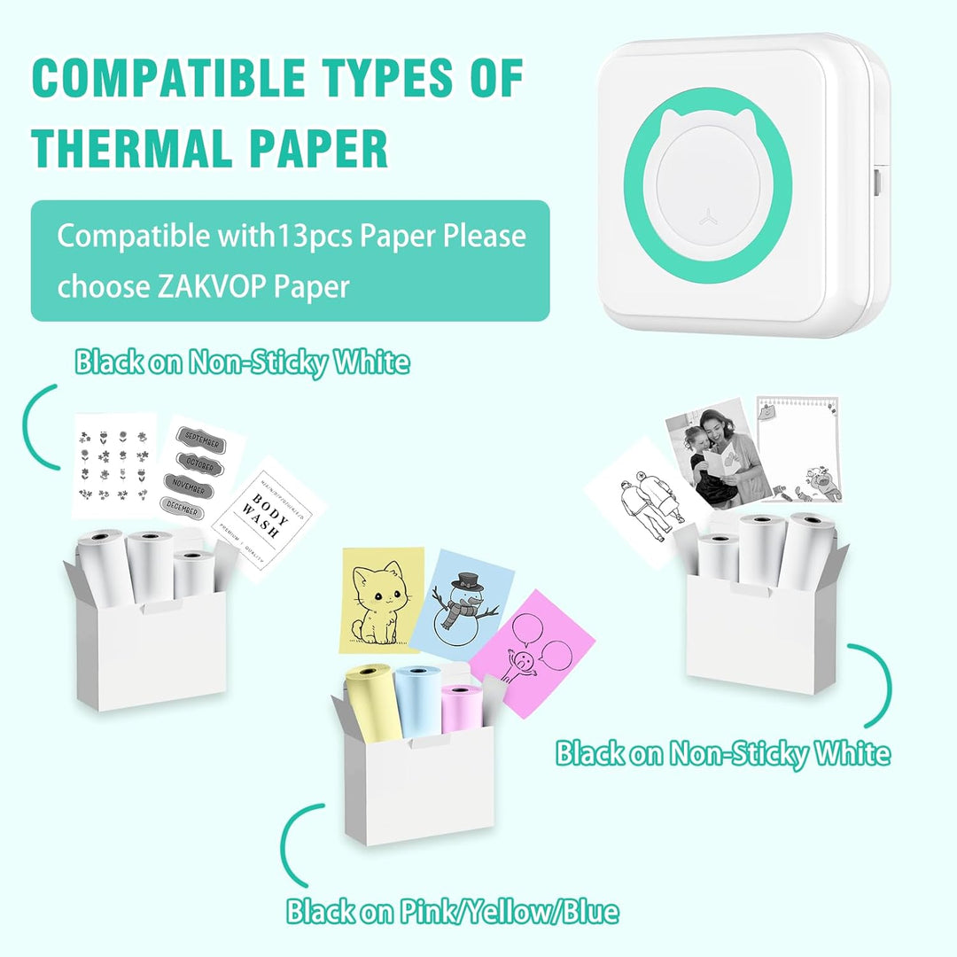 ZAKVOP Mini drucker 300DPI, Mini drucker Aufkleber, Mini drucker für Smartphone, Bluetooth tragbarer