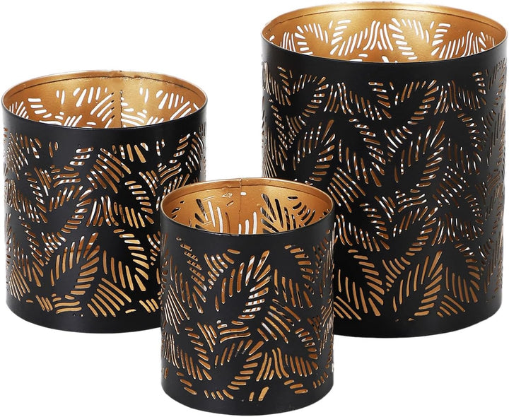 MARRAKESCH 3er Set Windlicht 14cm Gross aus Metall Orientalische Teelichthalter Ulama Schwarz Gold a