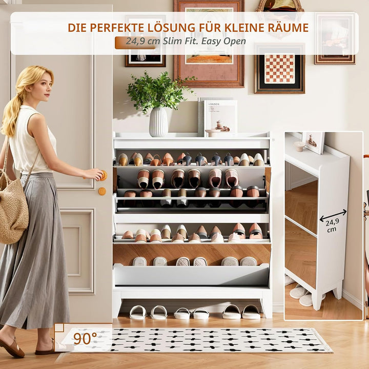 Vlsrka Schuhschrank mit Spiegel, Schuhschrank Holz mit 2 Klappen, Schuhkipper Schmal für 16 Paar Sch