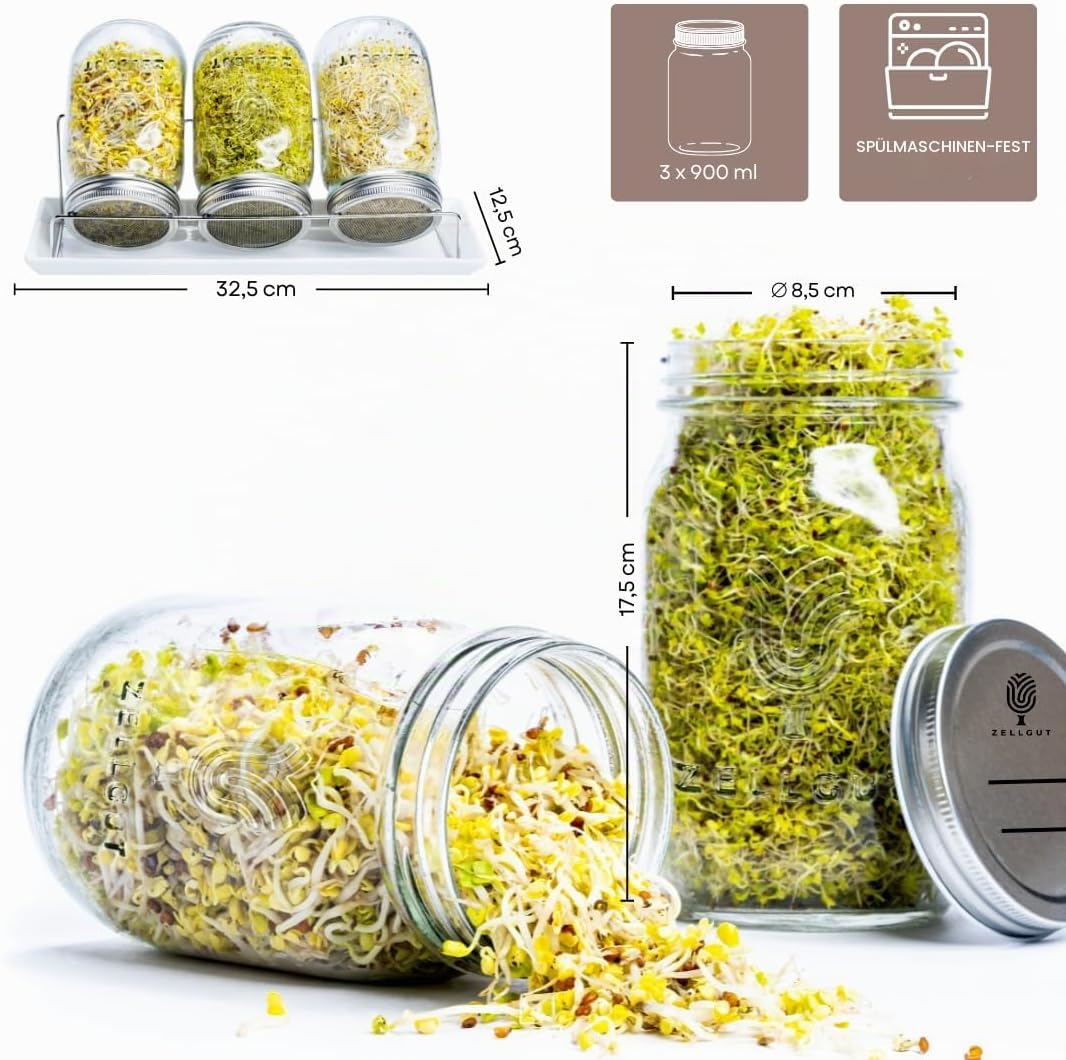 ZELLGUT® 2in1 Sprossenglas 3er Set - Keimglas 100% Plastikfrei - Vorratsglas Funktion durch extra De