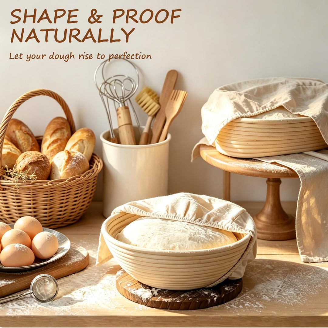 Sauerteig Starter Set, Gärkorb Brot Backen Zubehör mit Runder und ovaler Gärkörbchen, Komplettset Br