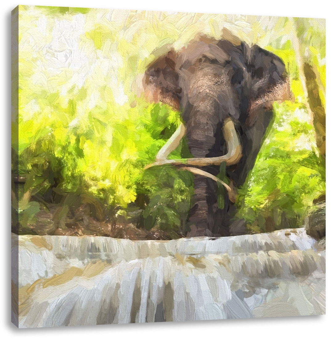 riesiger Elefant am Bach, Format: 70x70 auf Leinwand, XXL riesige Bilder fertig gerahmt mit Keilrahm