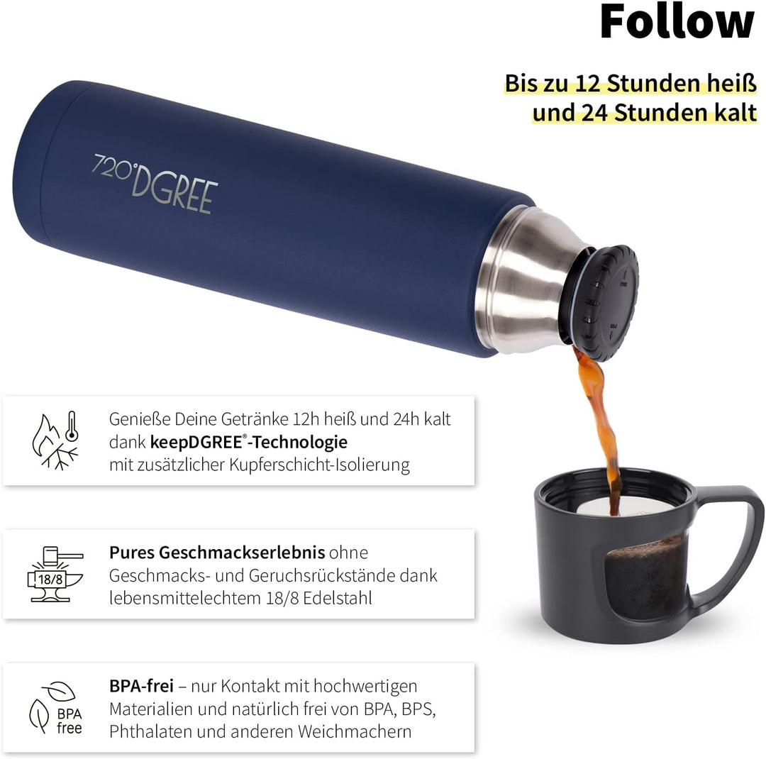 720°DGREE Thermoskanne mit Becher “Follow” - 450ml, 700ml, 1l - Auslaufsicher, BPA-Frei - Edelstahl