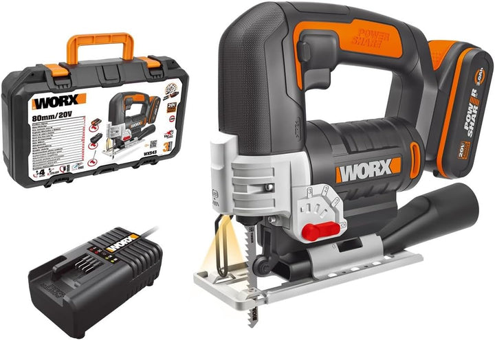 WORX WX543 Akku-Pendelhub-Stichsäge 20V Profi Stichsäge mit Absaug-Adapter Ideal auch für Gehrungssc