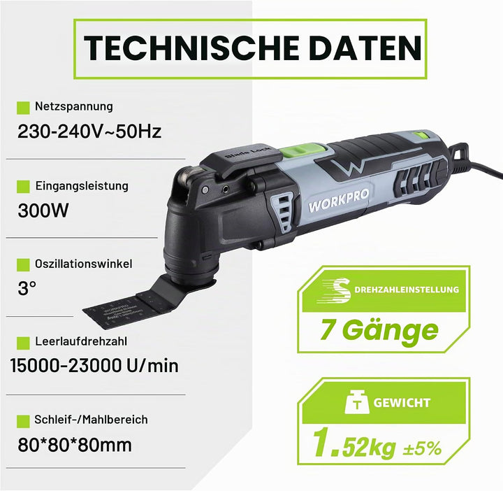 WORKPRO 300W Multifunktionswerkzeug, Oszillierende Säge mit 17 Zubehör und Aufbewahrungstasche, 7 Dr