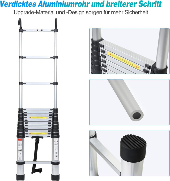 Herrselsam 2.6M Aluminium Teleskopleiter, Ausziehbare Leiter mit 2 Abnehmbarem Haken, Multifunktions