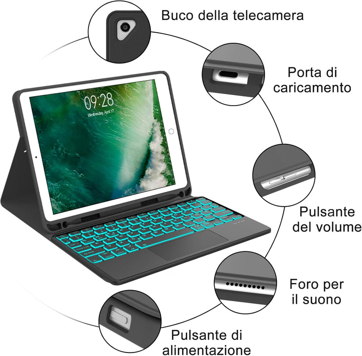 IVEOPPE Hülle mit Tastatur für iPad 6. Generation 9.7 Zoll Con Touchpad, Magnetisch Abnehmbarer QWER