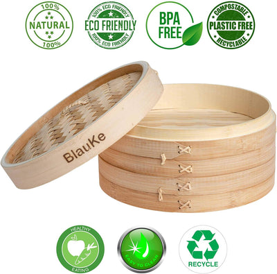 Bambusdämpfer (Bamboo Steamer) - 25cm mit 2 Etagen Bambus Dampfkörbe mit Deckel - 2 Paar Essstäbchen