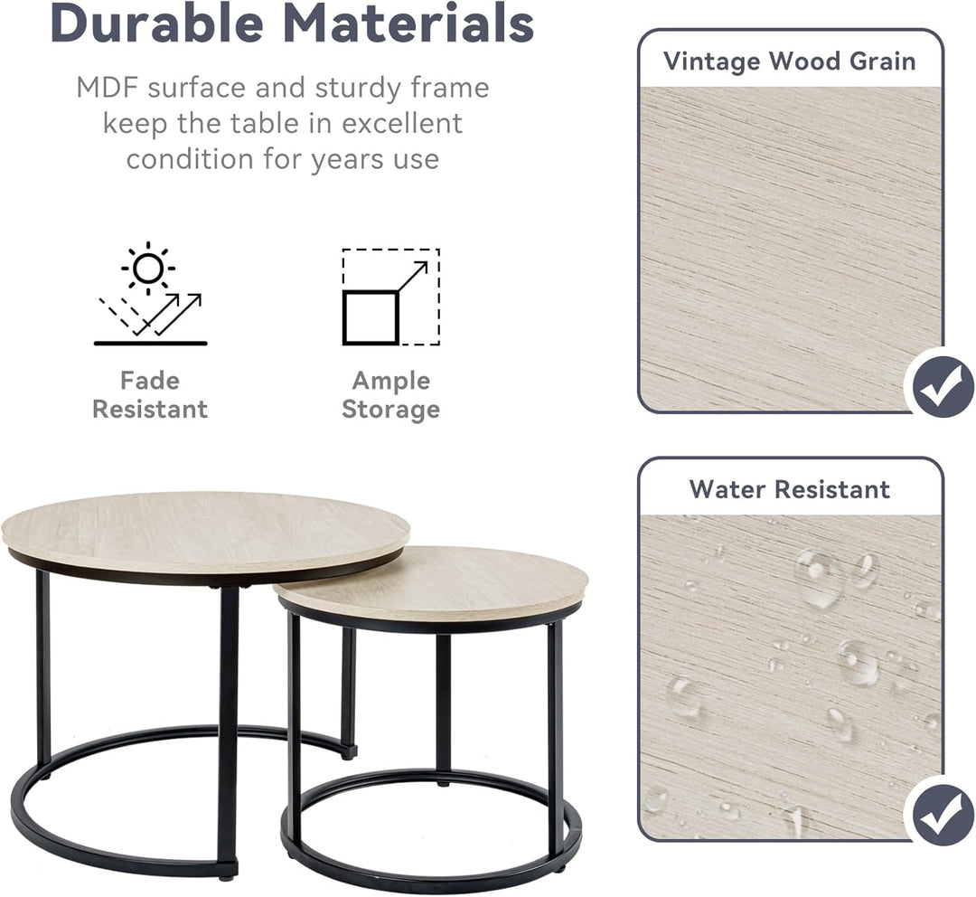 Hawthyhome 2 Stücke Beistelltisch Set rund, Couchtisch aus Holz mit Metallrahmen,Moderne Kaffeetisch