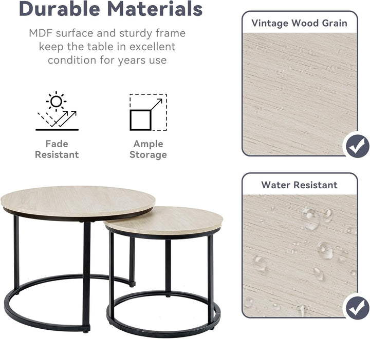 Hawthyhome 2 Stücke Beistelltisch Set rund, Couchtisch aus Holz mit Metallrahmen,Moderne Kaffeetisch