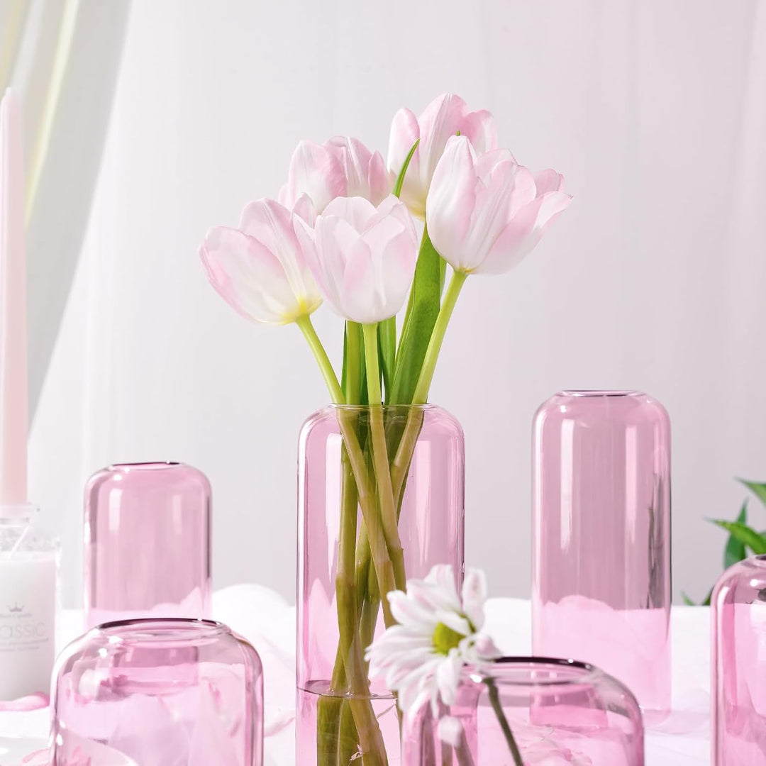 ZENS Knospenvasen 6er Set Rosa Klar Kleine Glasvase für Blumen Moderne mundgeblasene Zylinderglasvas