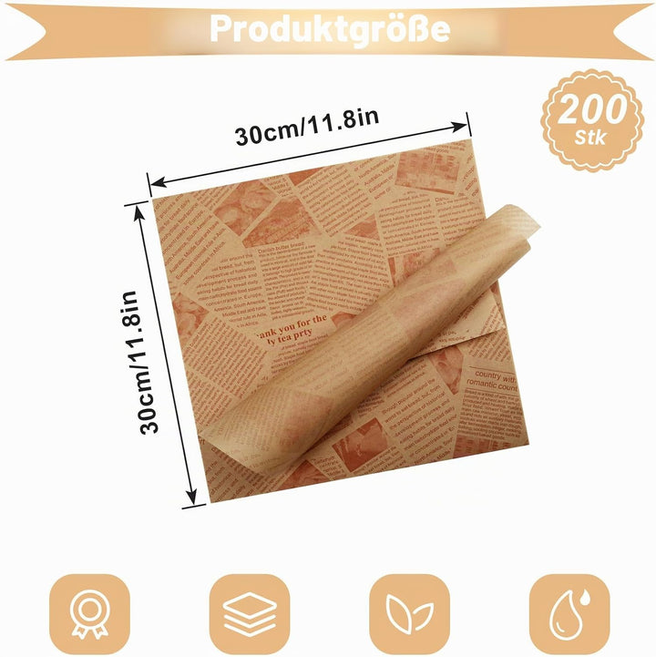 200 Blatt Deli Papierblätter für Lebensmittelkörbe und Tablettauskleidungen 30 x 30 cm Wachspapier f