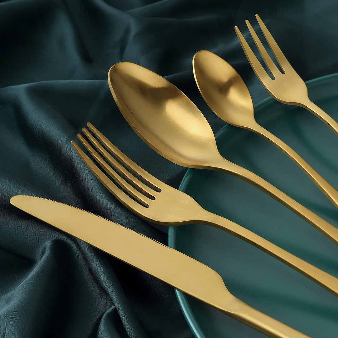 BEWOS Besteck Set für 12 Personen, 60 teilig Titanium Gold Essbesteck Set inkl. Messer, Gabel, Löffe