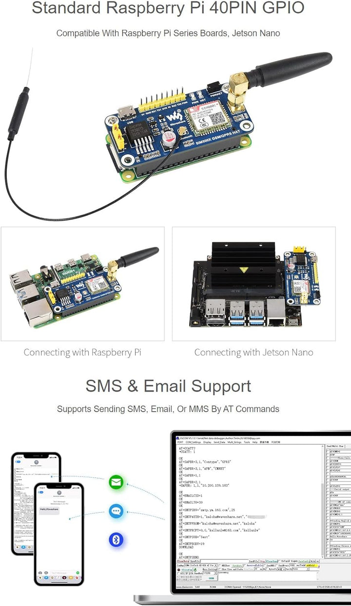 Waveshare GSM/GPRS HAT for Raspberry Pi 2B/3B/3B+/Zero/Zero W Jetson Nano Based on SIM800C Send Mess